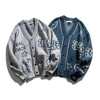 Uniform Sweater Men's Jacquard Long Sleeve Pattern Knitted Cardigan Sweater